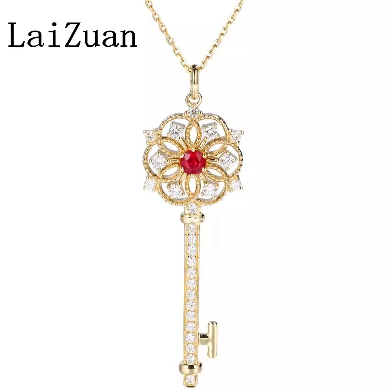 

LaiZuan Solid 18k au750 Yellow Gold Key Shape Genuine Ruby Pendant Vintage Jewelry With Real Diamonds Stylish Brilliant