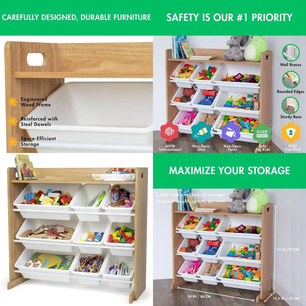 

Modern Kids' Toy and Book Storage Organizer with 9 Bins, Natural White