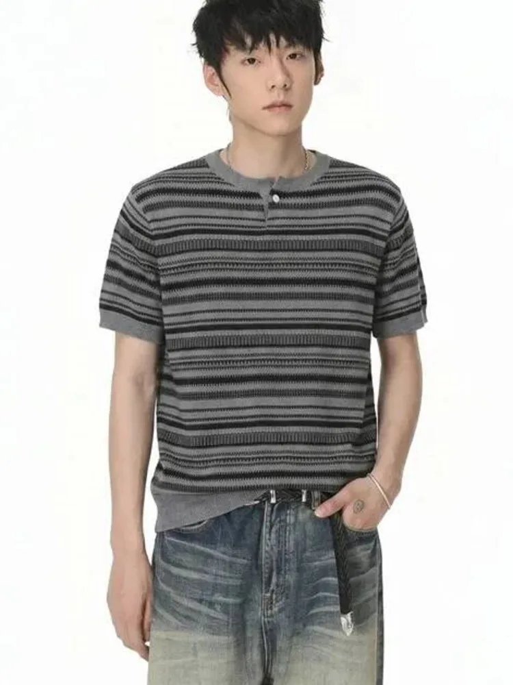 Men's Grey Knit T-shirt Old Money Style Colorblock Striped Slim Casual Short Sleeve Tee Trendy Summer Pullover Tops 8LQ5