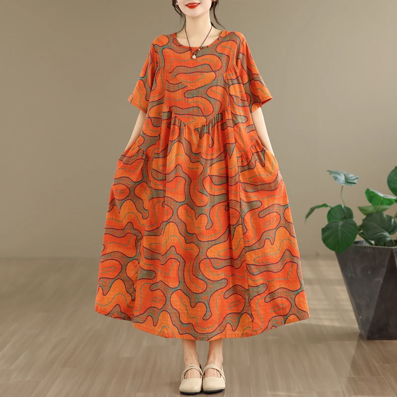 

Summer New Vintage Cotton Lin Loose Slim A-Line Dress Women round Neck Pocket Short Sleeve Dress Artistic Style High Waist Lo...