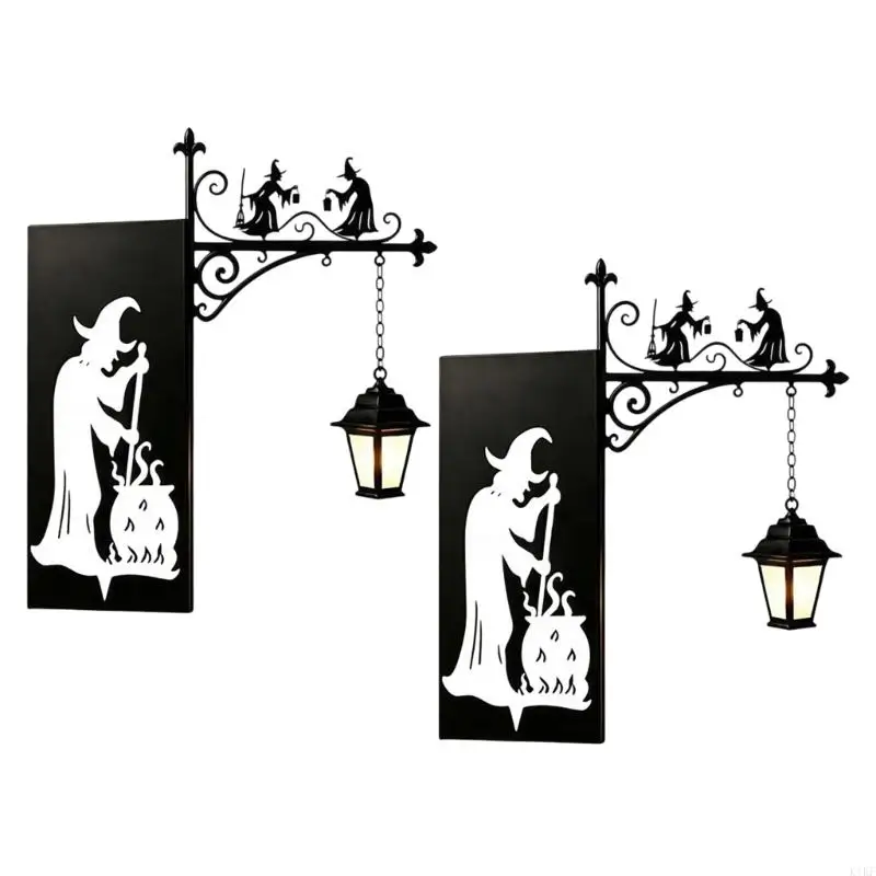 2 Piece Halloween Witch Bookend Set, Black Metal Book Dividers With Hanging Lantern Light for Bookshelf Reading Corners