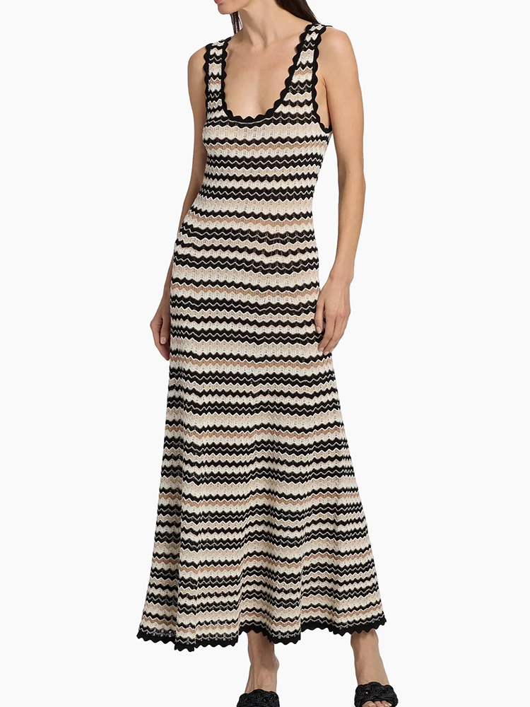 Spring Summer Fashion Striped Pattern Knitting Vintage Long Dress Women's O-Neck Sleeveless High Waist Hollow Out A-Line Dresses