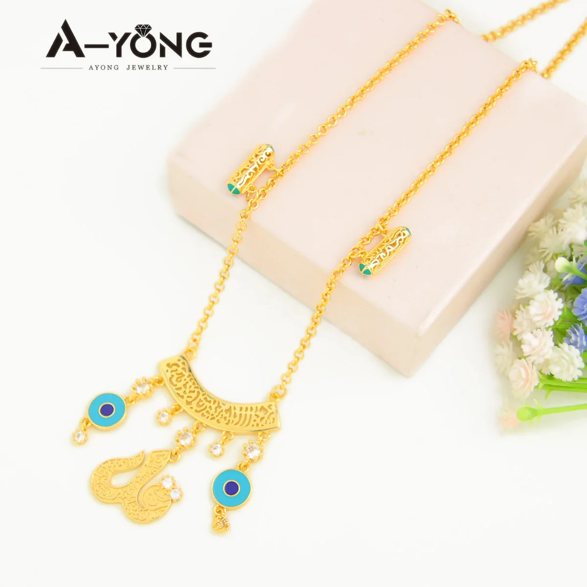 Saudi Letter Long Necklace 21k Gold Plated Personality Blue Eyes Arab Women Choker Dubai Bridal Wedding Banquet Accessories