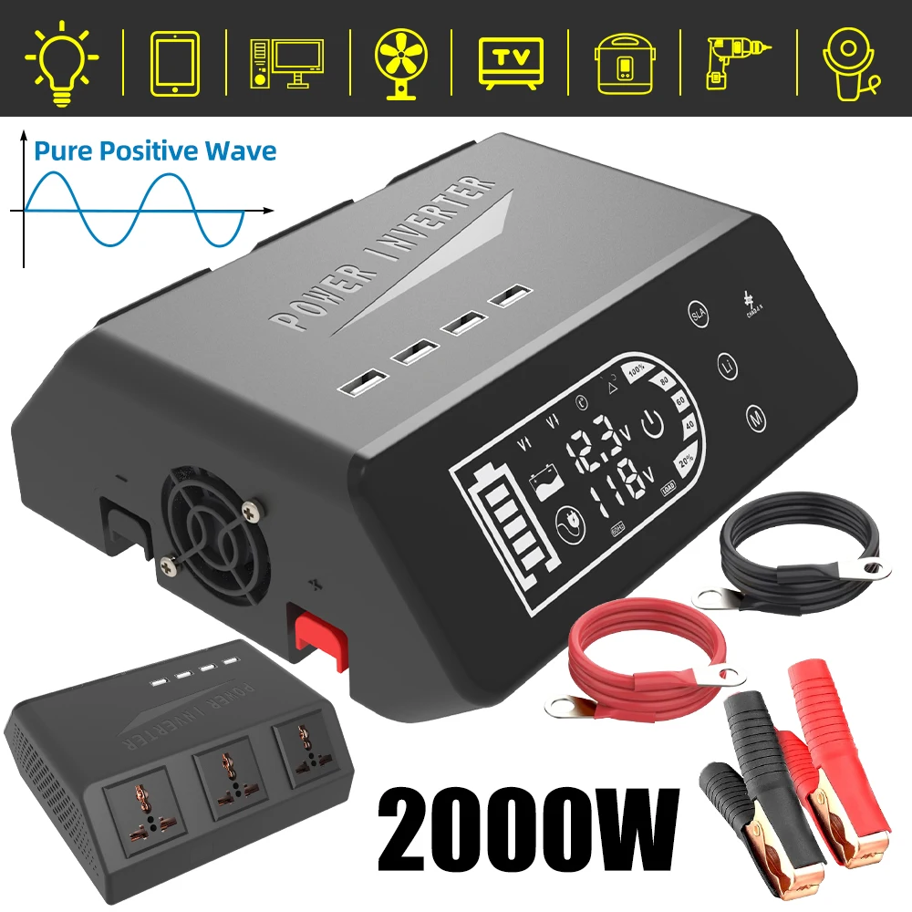 1000W Pure Sine Wave Power Inverter 12V DC to 110V 3 AC 4 USB Socket Auto Power Adapters for RV Camping New Car Power Inverter