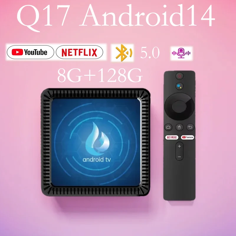 Q17 Android14 Smart TV Box Dual WiF BT5.2 Allwinner H313 8K 8G + 128GB ROM Reproductor multimedia remoto por voz con asistente de voz de Google