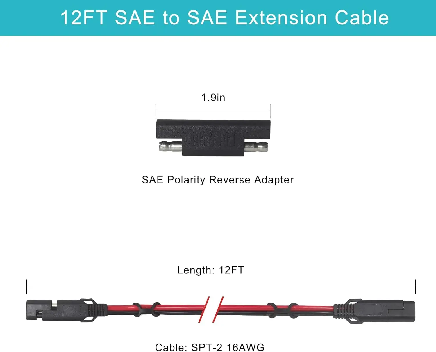 سلك تمديد عالي التحمل 16AWG 12FT مع SAE 2Pin قطع الاتصال السريع ومحول عكسي قطبي لشاحن الخدع الشمسي #2
