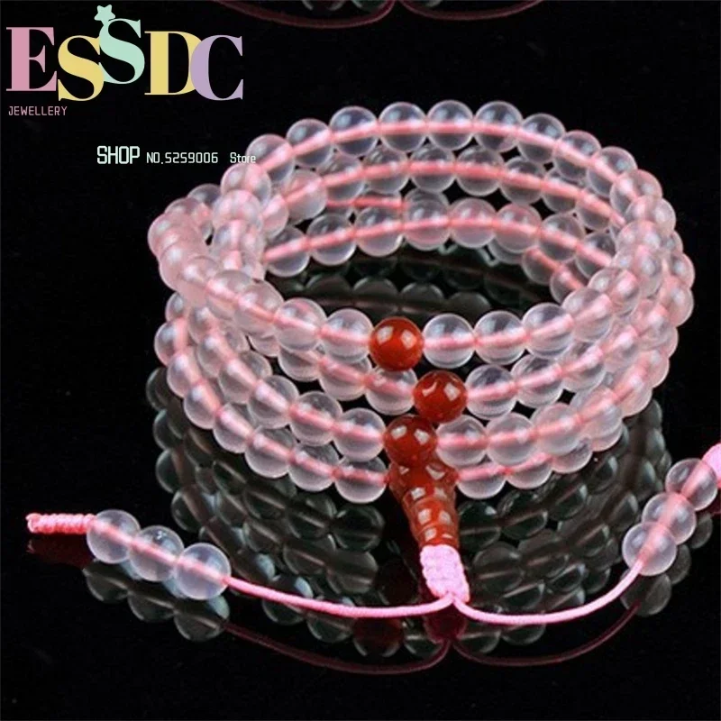 Dropship Natural Crystal Pink Chalcedony 6mm 108 Beads  Female  Layer Multi Circle Bracelet Yoga Healing Jewelry
