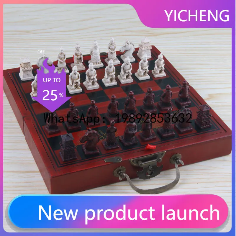 

Qz antique chess set - small size, xi'an terracotta army chess pieces, wooden folding chessboard, 3d chess pieces,