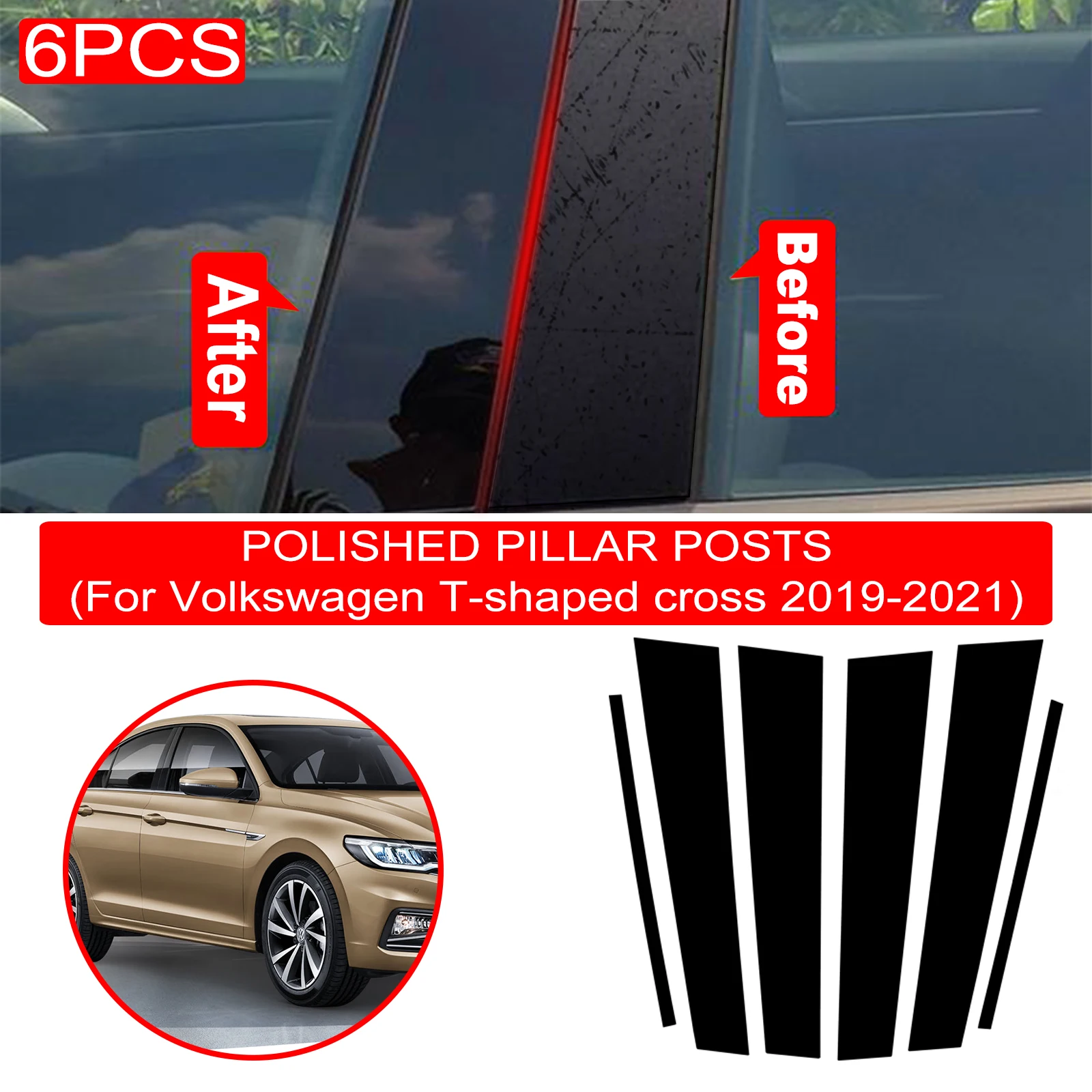 6PCS Polished Pillar Posts Fit For VW T-Cross T cross 2019-2021 Window Trim Cover BC Column Sticker
