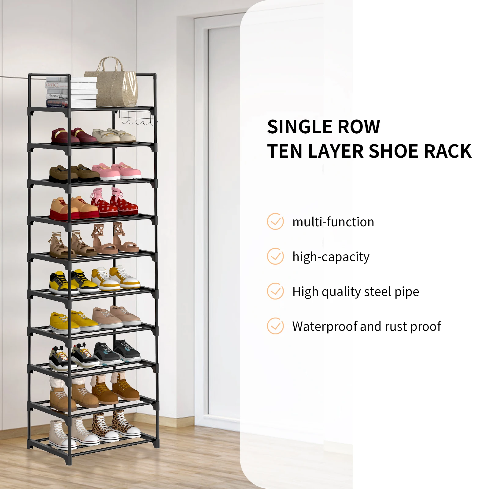 رف أحذية، منظم تخزين أحذية معدني من 10 طبقات مع خطاف، تصميم DIY، إطار معدني، رف موفر للمساحة، 30 × 43 × 174 سم، أسود