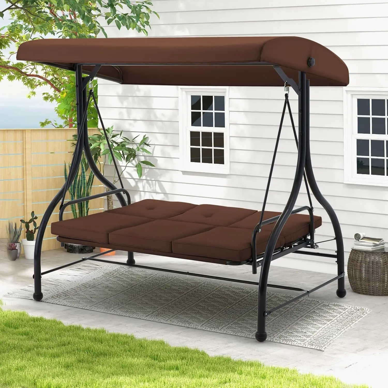 

U-MAX Outdoor Proch Swing Chair Adjustable Backrest Canopy Patio Swing Set 2-in-1 Convertible Daybed Removable Brown Cushions