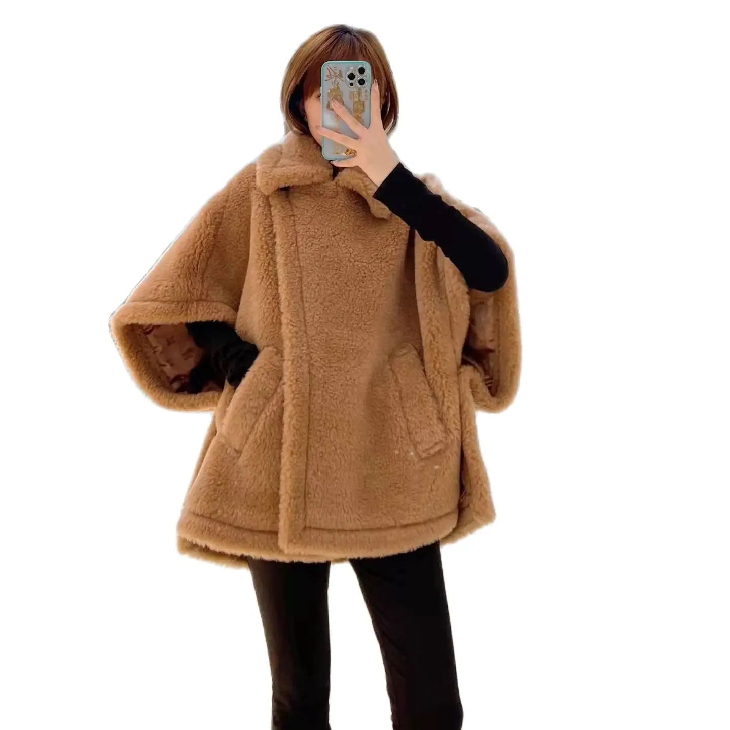 

2023 Teddy Bear Shawl Jacket Female Autumn Winter Camel Jacket Gray Sheep Wool Coat Lapel Short Alpaca Silk High-end Fashion Ove