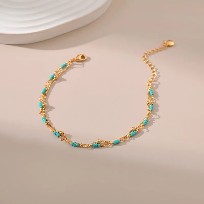 Handmade Turquoise Hand String 18K Gold Plated Double Bead chain Women Bracelets National Style Jewelry Lady Gifts