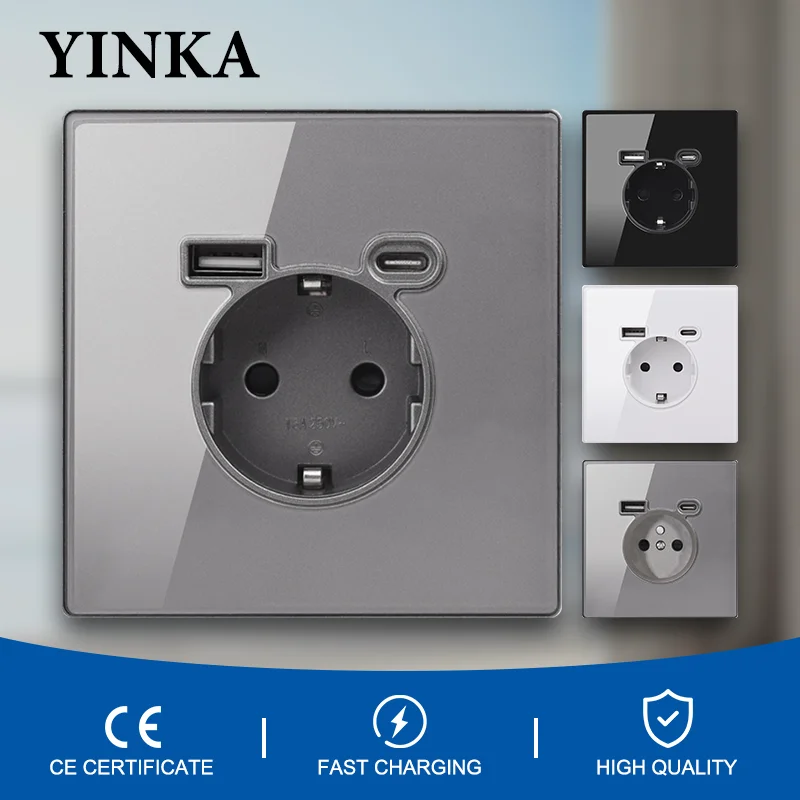 Yinka tomada padrão da ue vidro temperado 16a tomada de parede AC110V-250V tomada universal com carga usb tipo-c por 5v 2100ma