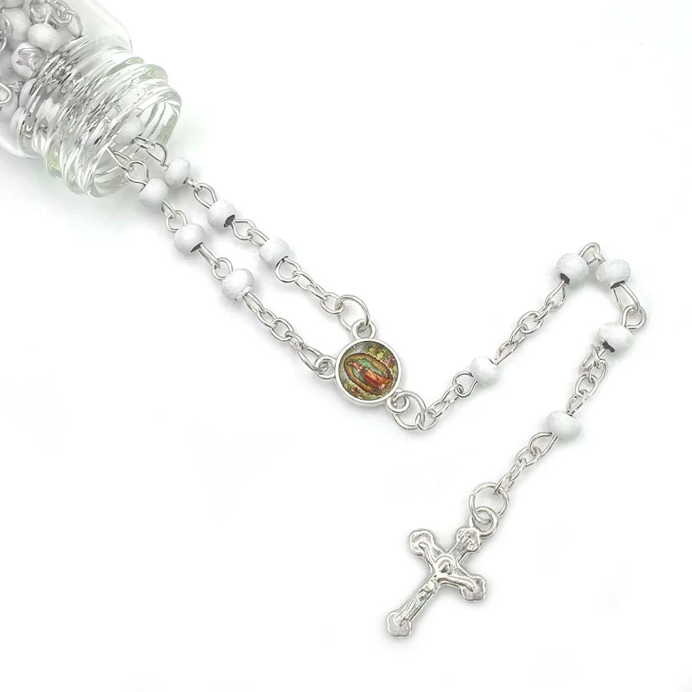 12 Pcs Baptism Rosary Bottle Guadalupe White Mini Rose Scented Wood Rosaries Recuerdos de Bautizo First Communion Party Favor For Boy Girl