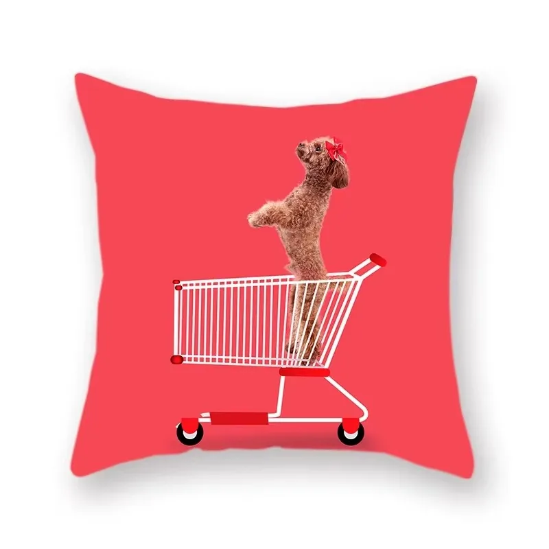 Cartoon Animal Dog Eating Ice Cream Decorative Polyester Throw Pillowcase Home Pink Red Sofa Car Waist Cushion Cover 45x45cm