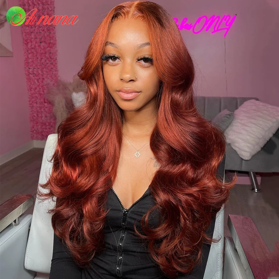 13x4 13x6 Lace Frontal Wigs Cooper Orange Red Brown Colored Human Hair Body Wave Pre-Plucked 7x5 Transparent Lace Closure Wig