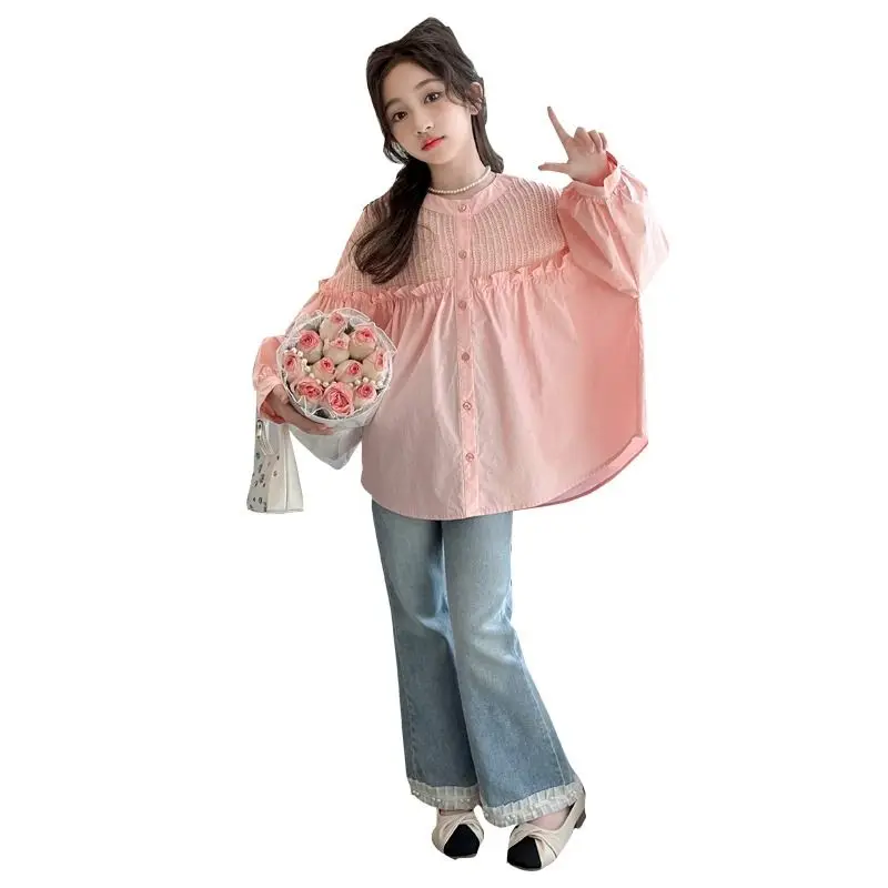 6-15Years Kids Pink Long Sleeve Blouses for Girls Cute O Neck Shirts Teenager Girls Full Clothing Tops Children Blouse 7 8 9 10