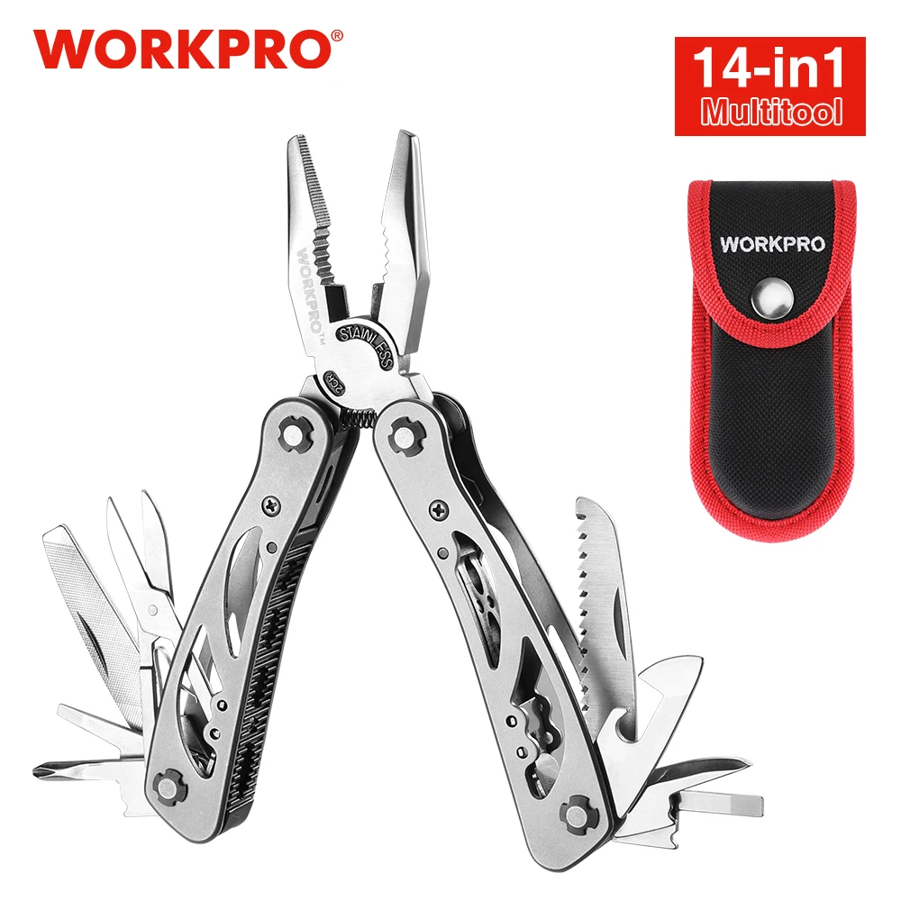 WORKPRO 12 in 1 Multi Tool Plier Portable Outdoor Camping Folding Knife Pliers Pocket Plier with Nylon Sheath