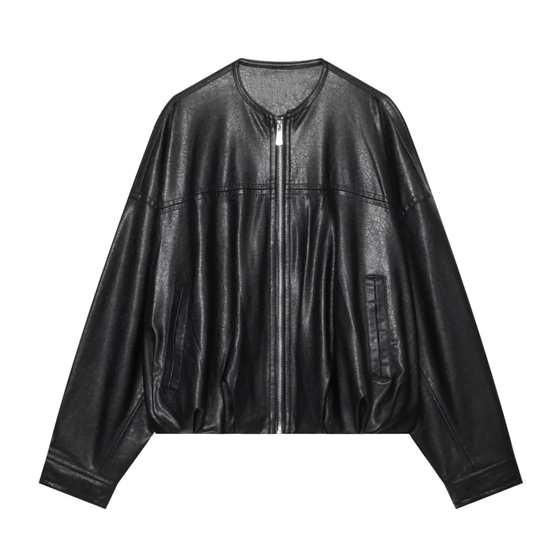 Guobioziy 2026 Fashion Women Round Neck Faux Leather Bomber Coat Drop Shoulder Loose PU Jacket Casual Urban Street Outerwear