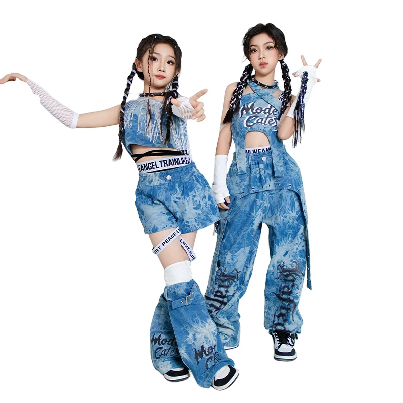 2025 Kpop bleu Jazz danse vêtements filles enfants Hip Hop Performance Costume mode défilé Concert scène vêtements été BL15522
