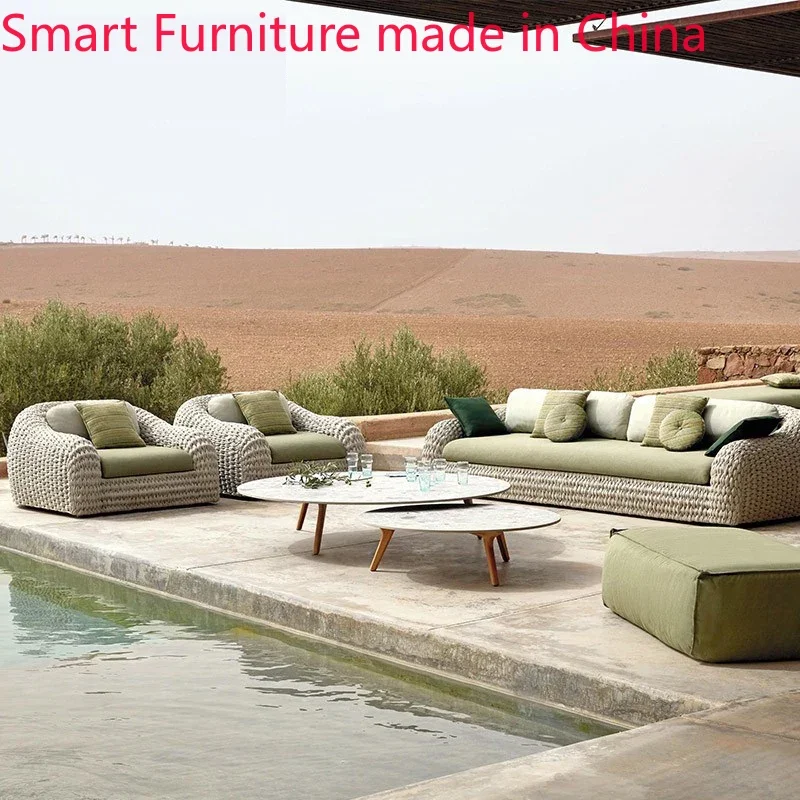 Outdoor sofa courtyard bed combination three-person hotel model room living room residential villa open-air leisure rope rattan