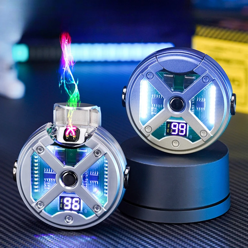 

Creative Metal UFO Gyroscope Windproof Double Arc USB Lighter LED Color Light Digital Battery Display Type-C Charging Lighters.