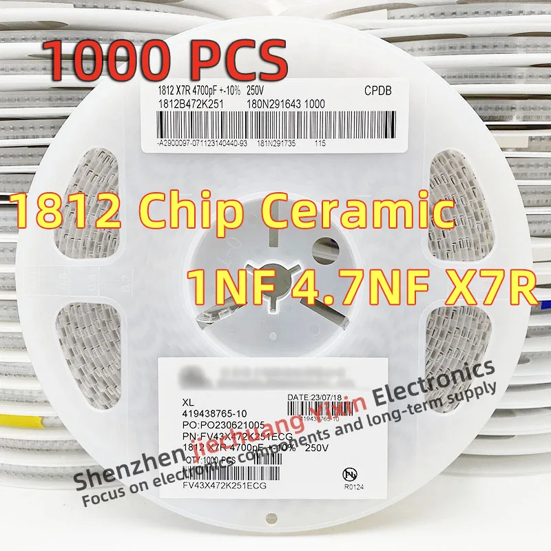 

Chip Ceramic Capacitor 1812 1NF 4.7NF 100V 250V 500V 630V 1000V 2000V 10% accuracy X7R material 4532 Capacitance 1000pcs