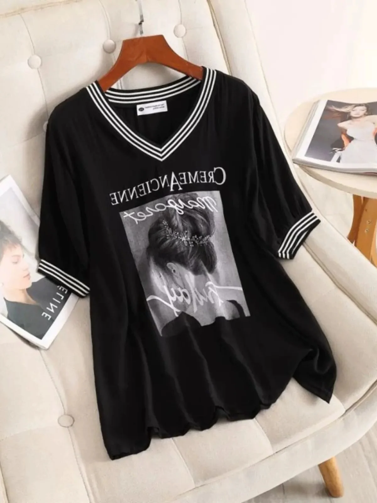 American Style plus Size Short Sleeve Summer Women's Top Fashionable Character Pattern Print Loose Fit V-Neck Mid-Length T-Shirt