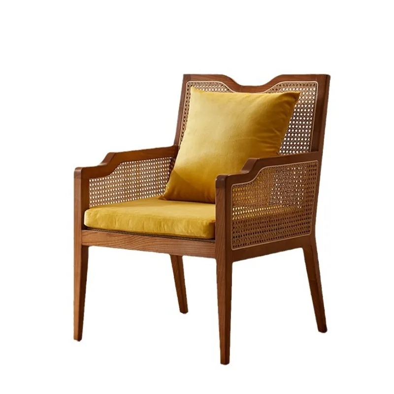 

New Chinese solid wood sofa chair designer living room retro rattan leisure single recliner hotel bed and breakfast back chair