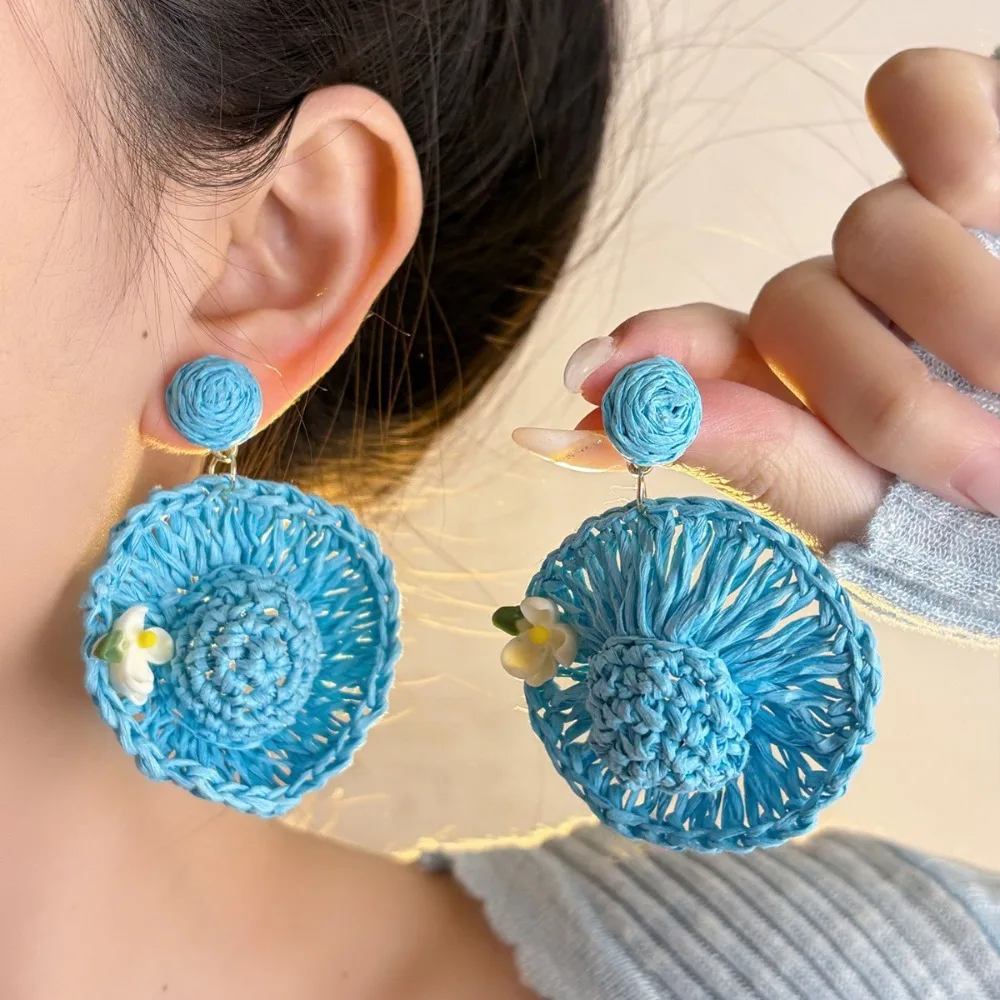 Seaside Vacation Style Woven Straw Hat Earrings Super Fairy Effect Atmosphere Earring Design Accessories for Women