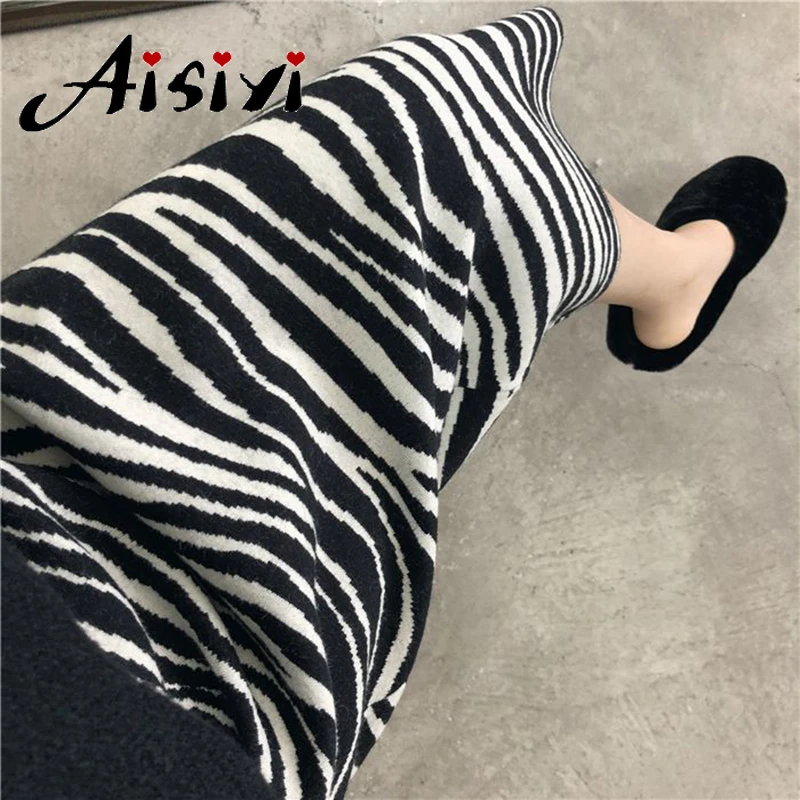 Zebra striped women's midi skirt high waist slit hip lift women's bottoming skirt casual  knitted women's skirt