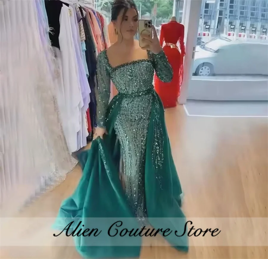 Элегантные зеленые вечерние платья русалки с бисером и кристаллами с длинными рукавами, платье для дня рождения длиной до пола, платье подружки невесты на заказ