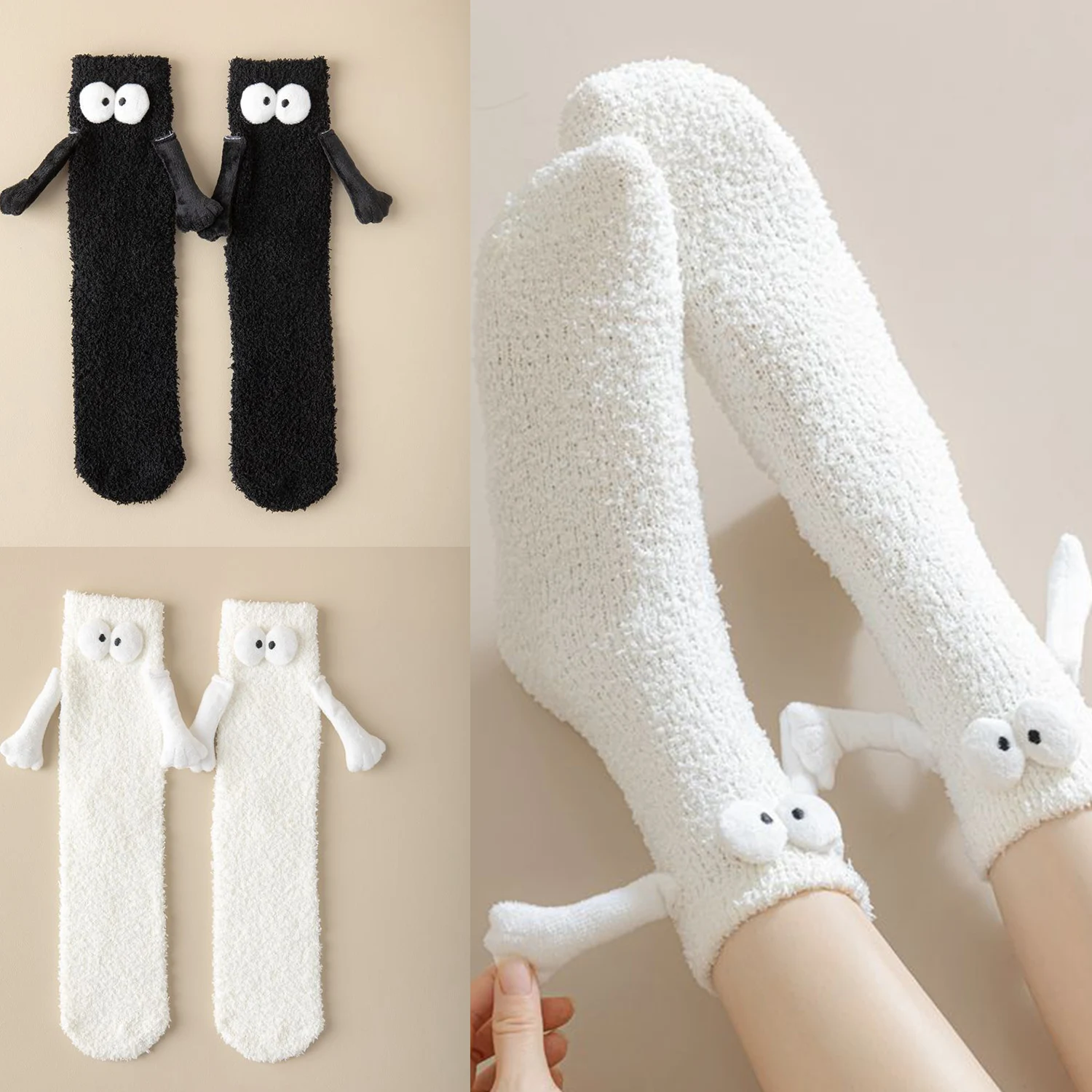 

Cartoon Lovely Hand In Hand Thick Socks Coral Velvet Funny Eyes Magnetic Suction Couple White Black Winter Warm In Tube Socks