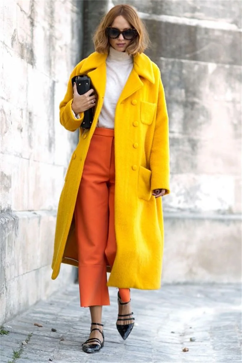 Fashion Yellow Woolen Long Overcoat Women Suit Custom Made Blazer Trench Coat Formal Double Breasted Fall Winter Thick Jacket