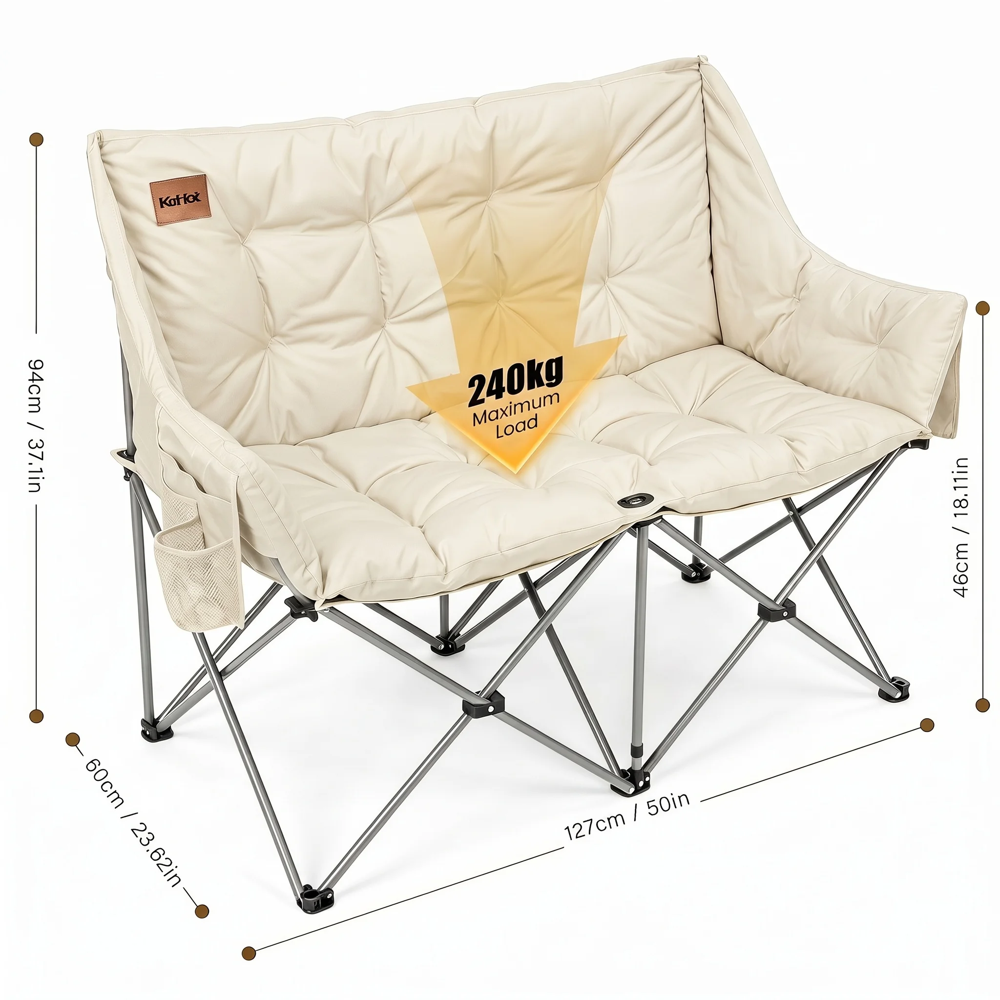 KeHot Doppel-Campingsofa, faltbarer 2-Personen-Campingstuhl mit Tragetasche, 7 cm dick gepolsterter Sitz, robustes Stahlgestell, Outdoor-Liegesofa für Camping, Garten, Picknick, Strand, 120 kg pro
