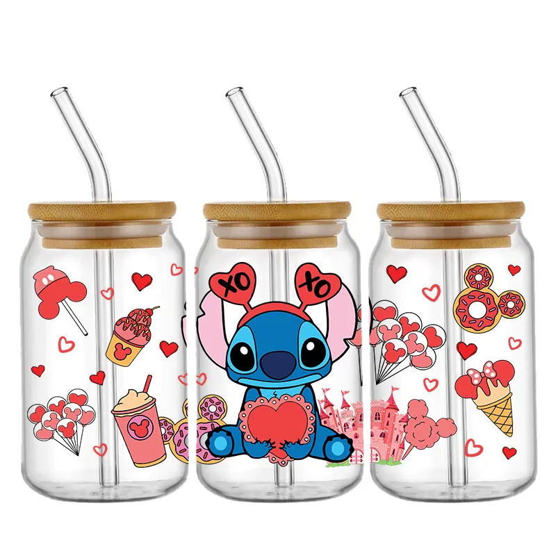 Boîte de café en verre UV DTF, thème Disney Stitch, Léon's Day, étiez bey, rond, 16oz