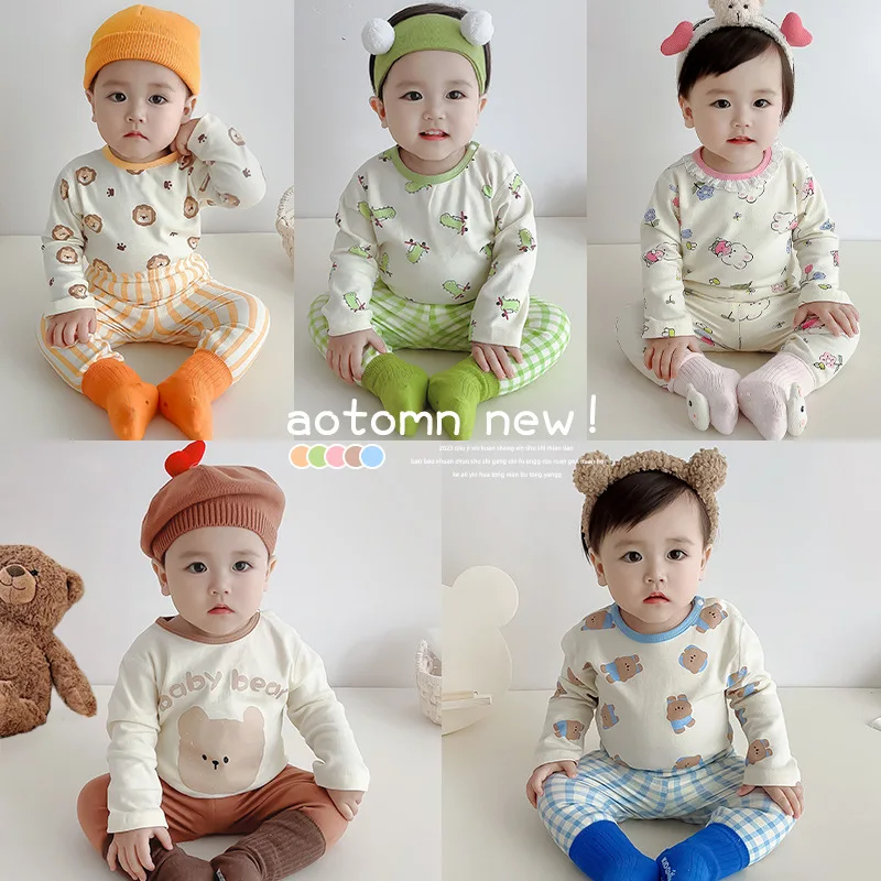 2024 Korean Ins Kids Loungewear Outfit Set Cotton Autumn Pants Boys Girls Pajamas Baby Winter Indoor Clothes 0 To 24 Months