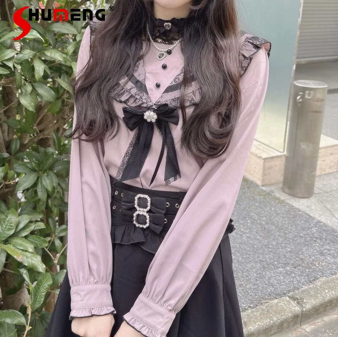 College Style Sweet Sailor Collar Top Student Female 2023 Autumn Temperament Cute Slim Ruffles Long Sleeve Bow Tops Blusas Mujer