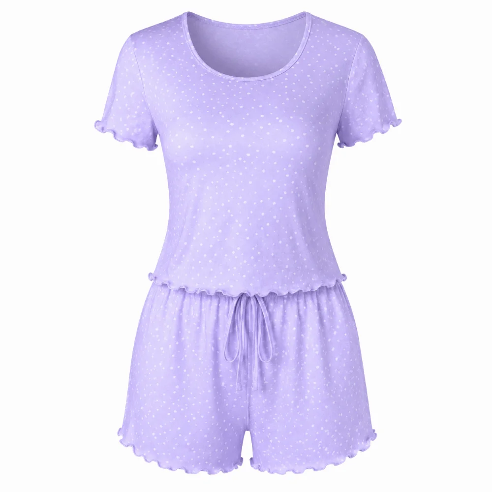 Polka Dot Women's Pajama Set Short Sleeve Ruffle Trim Printed Pajama Set T-shirt Top+Short Ultra Soft 2-Piece Loungewear Set