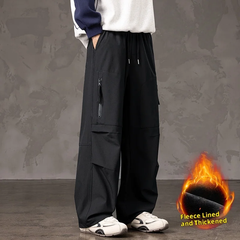 メンズ フリース裏地付き 厚手 カーゴ ワイドレッグ パンツ 複数のポケットとジッパーのデザイン、ストリートスタイル、ゆったりフィット、スリムフィット、冬の暖かさと耐寒性、ブラック どんなスタイルにも万能、日常の外出に最適