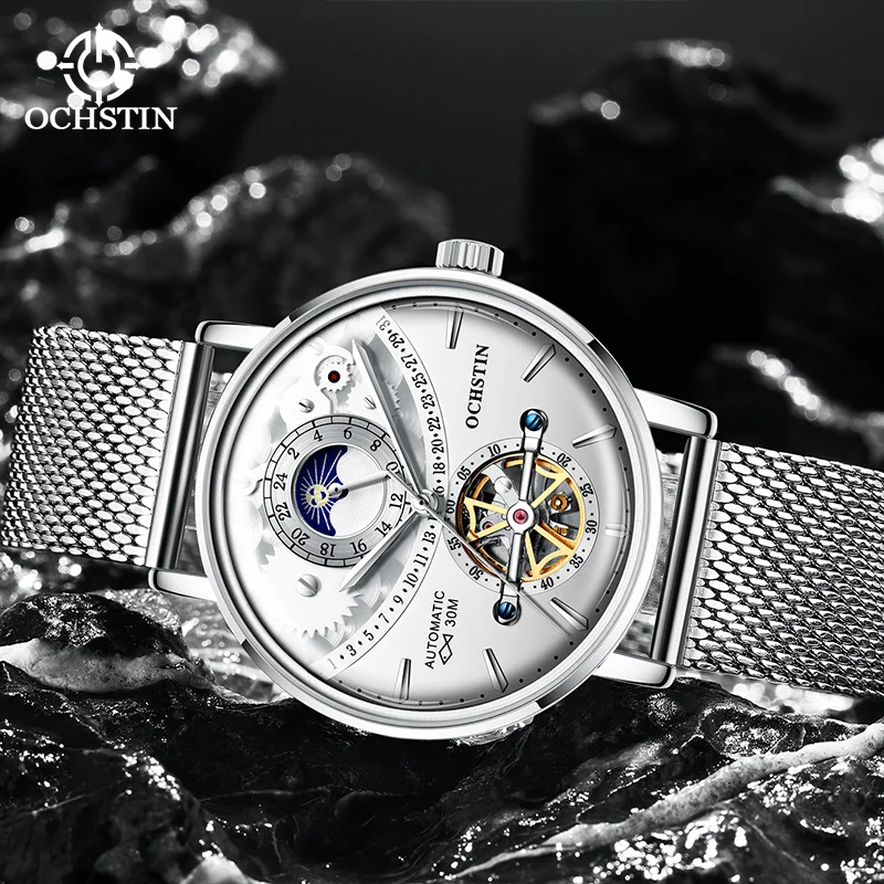 

Мужские часы OCHSTIN Flywheel Skeleton: серия Masterpiece Craftsmanship, стальной сетчатый ремешок, высококачественное стекло в стиле крышки от кастрюли