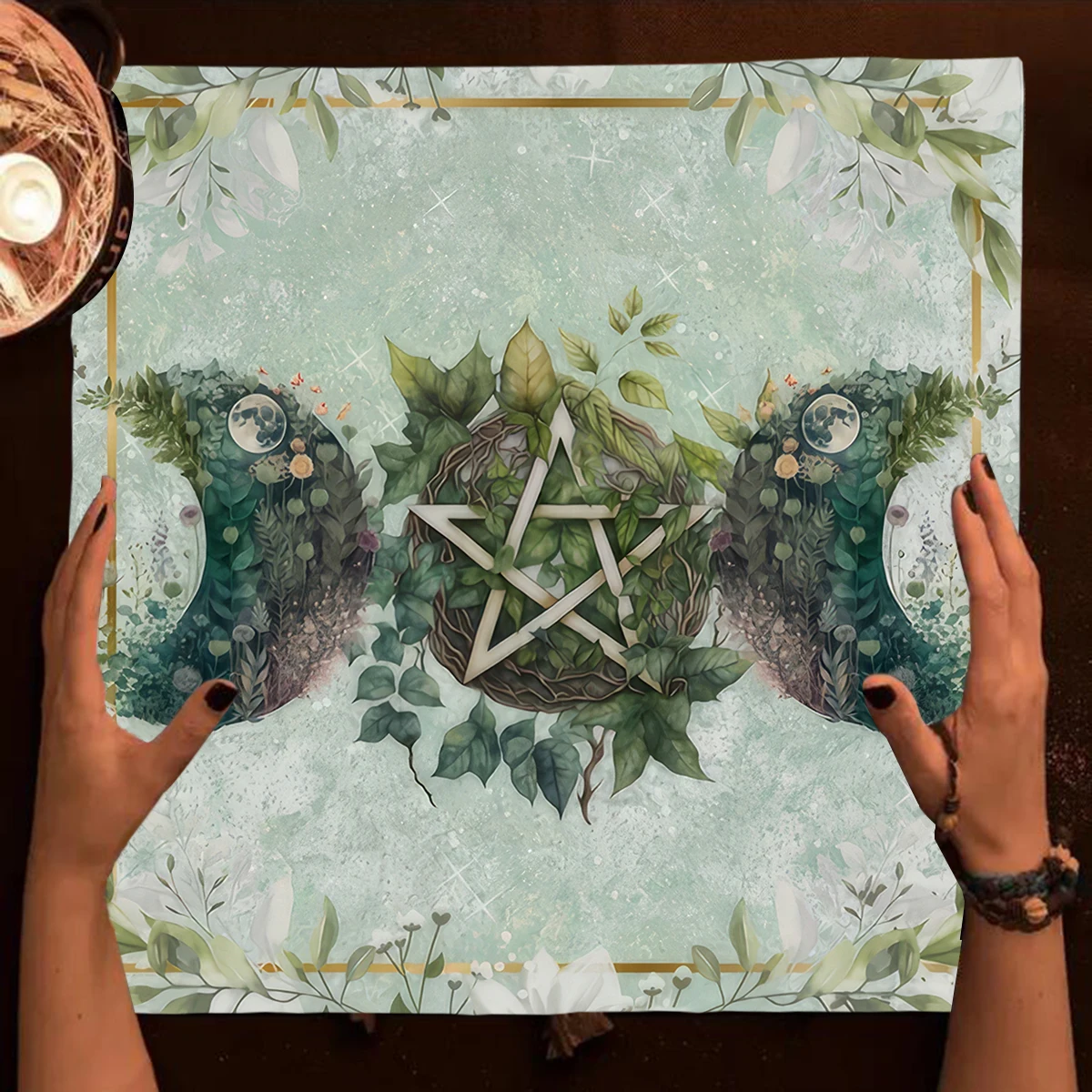 Occult Witchy Divination Tarot Card Table Cloth  Green Leaf & Moon Altar Cloth For Tarot Reading Cloth Spiritual Oracle Card Pad