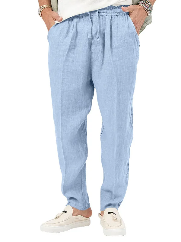 

Loose Fit Linen Men's Casual Summer Pants Beachy Cuffed Long Trousers Breathable Comfortable Straight Leg Trousers