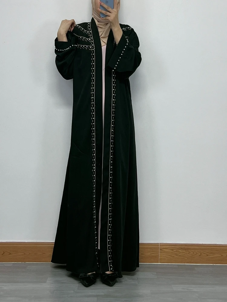 Women Eid Muslim Abaya Ramadan Morocco Dubai Cardigan Pearls Abayas Kaftan Vestidos Arab Modest Long Robe Beading Loose Belt