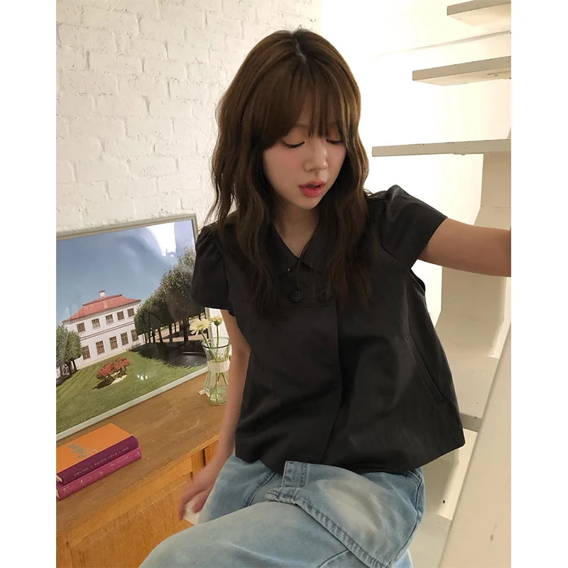 

MEXZT Vintage Black Shirts Women Japanese Harajuku White Cropped Puff Short Sleeve Blouses Summer Korean Casual Design Tops New