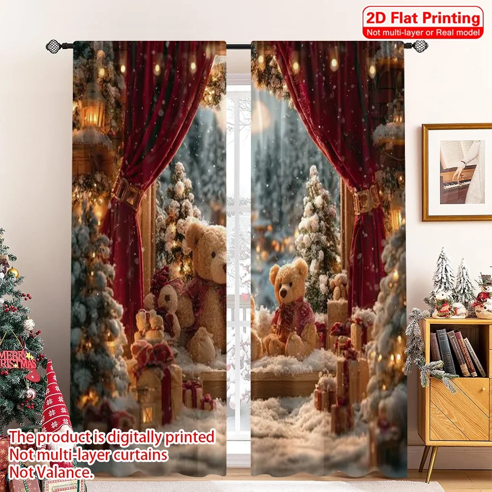 

2pcs 2D flat printing Merry Christmas Popular Curtains Red Winter 100% Polyester Without Electricity Versatile for Multipurpose