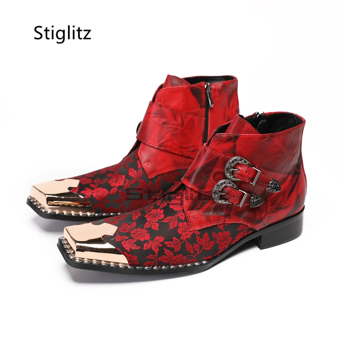 

Metal Square Toe Red Prints Men's Boots Double Belt Buckle Low Heel Genuine Leather Ankle Boots Banquet Wedding Shoes for Men