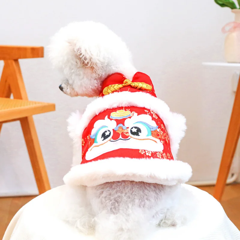 

Pet Dog Cat Jacket "Tiger" New Year Fleece Coat, Pet Circle Festive Red Warm Clothes for Small Animals Outfit