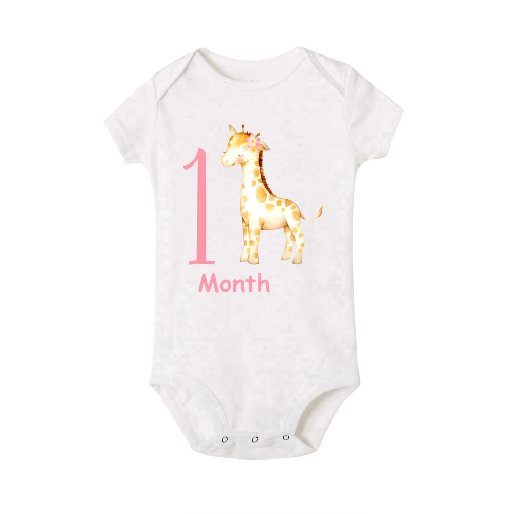 Animal 1-12 Month Print Baby Milestonet Outfit Newborn Monthly Milestones Romper Babygrow Bodysuit Infant Short Sleeve Jumpsuit